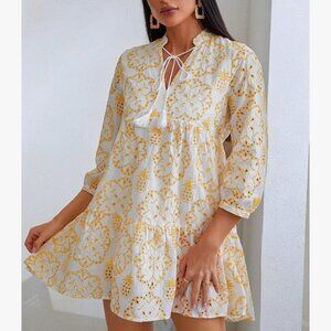 Yellow Babydoll Eyelet Floral Embroidered Dress Festival Boho Hippie Small